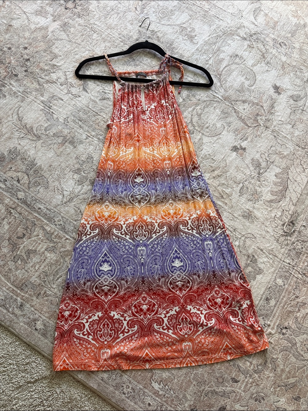 Boho Gradient Paisley Halter Mini Dress in Red, Orange & Purple